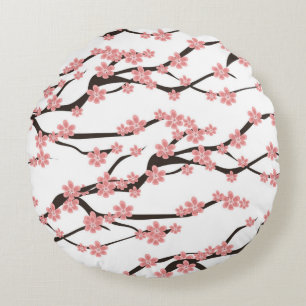 Seamless pattern with blooming cherry on a white b round cushion