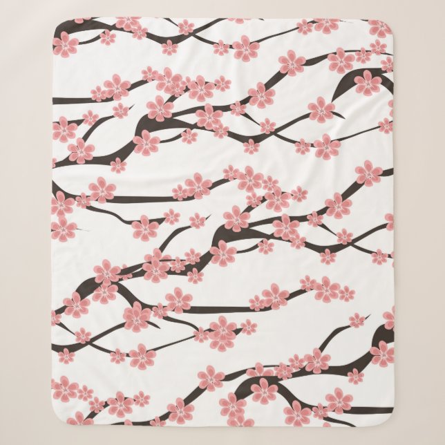 Seamless pattern with blooming cherry on a white b sherpa blanket (Front)