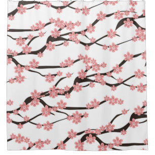 Seamless pattern with blooming cherry on a white b shower curtain