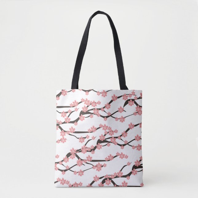 Seamless pattern with blooming cherry on a white b tote bag (Front)