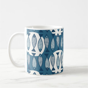 Seamless pattern with blue fish inspired by scandi coffee mug