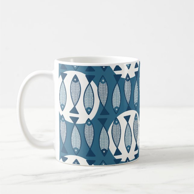 Seamless pattern with blue fish inspired by scandi coffee mug (Left)