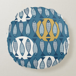Seamless pattern with blue fish inspired by scandi round cushion