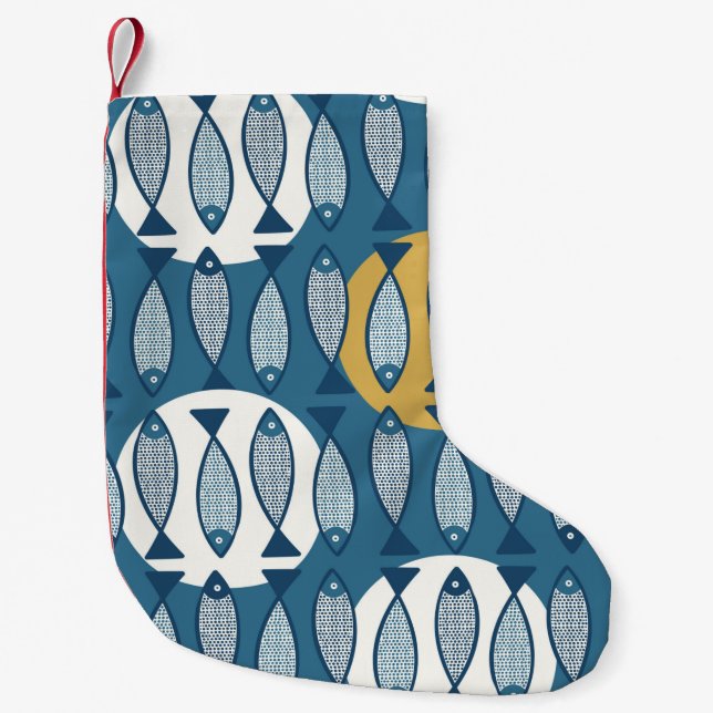 Seamless pattern with blue fish inspired by scandi small christmas stocking (Front)