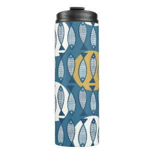 Seamless pattern with blue fish inspired by scandi thermal tumbler