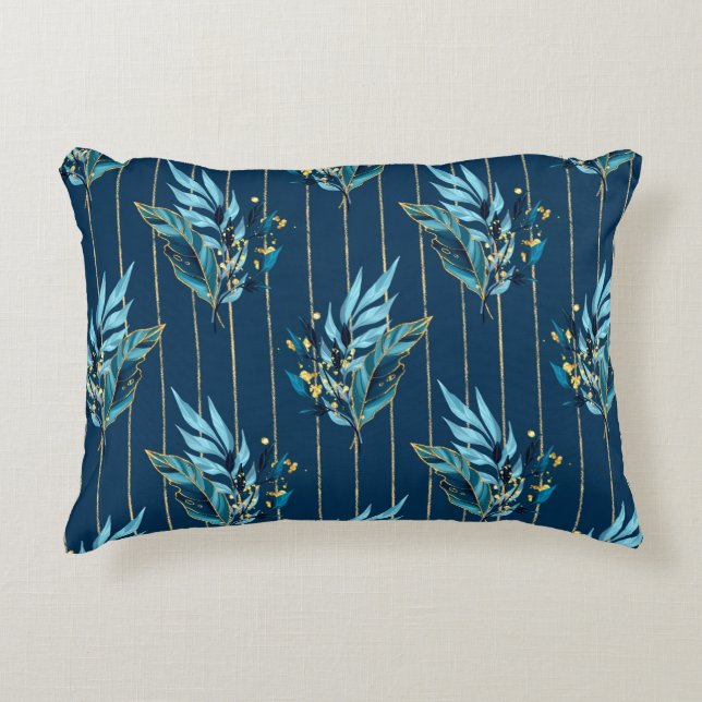 Seamless pattern with blue leaves and stripes decorative cushion (Front)