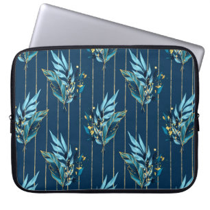 Seamless pattern with blue leaves and stripes laptop sleeve