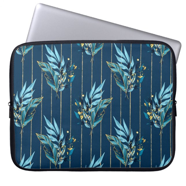Seamless pattern with blue leaves and stripes laptop sleeve (Front)