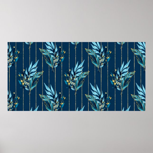Seamless pattern with blue leaves and stripes poster (Front)