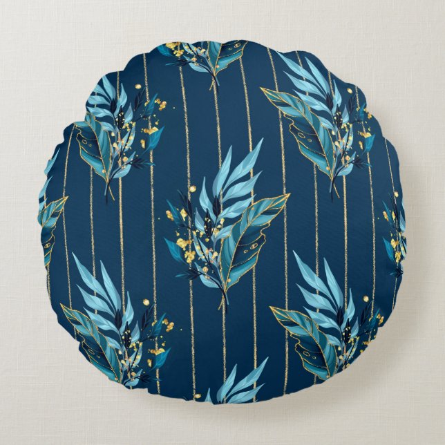 Seamless pattern with blue leaves and stripes round cushion (Front)