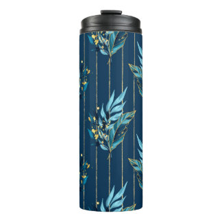 Seamless pattern with blue leaves and stripes thermal tumbler
