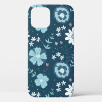 Seamless pattern with blue summer flowers on dark