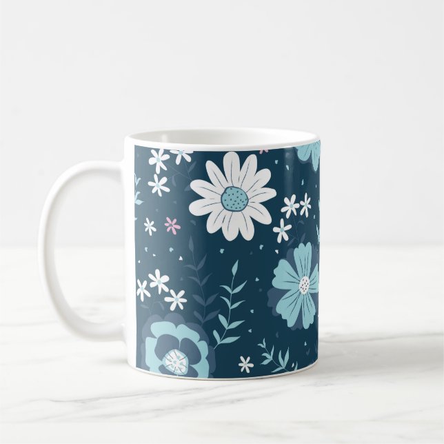 Seamless pattern with blue summer flowers on dark  coffee mug (Left)