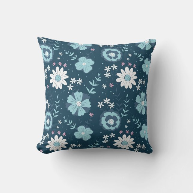 Seamless pattern with blue summer flowers on dark  cushion (Front)