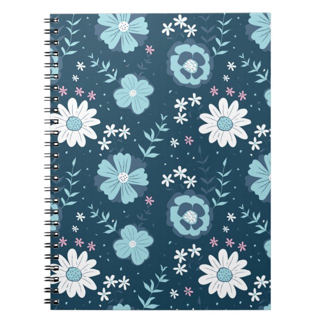 Seamless pattern with blue summer flowers on dark  notebook (Front)