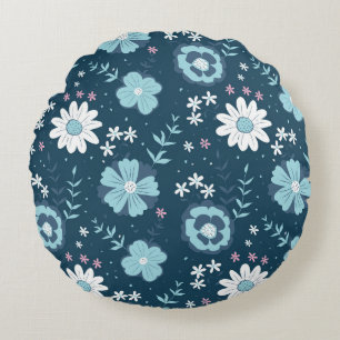 Seamless pattern with blue summer flowers on dark  round cushion