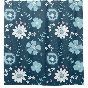 Seamless pattern with blue summer flowers on dark shower curtain