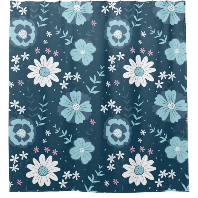 Seamless pattern with blue summer flowers on dark  shower curtain (Front)