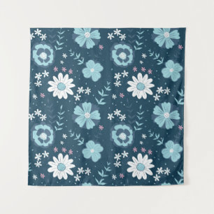 Seamless pattern with blue summer flowers on dark tapestry