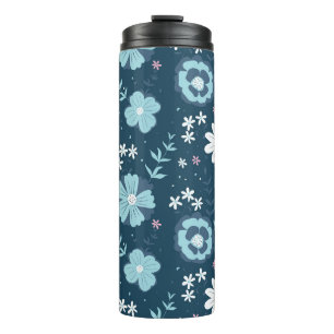 Seamless pattern with blue summer flowers on dark thermal tumbler