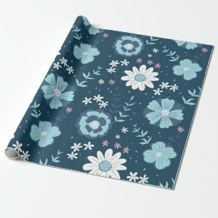Seamless pattern with blue summer flowers on dark  wrapping paper