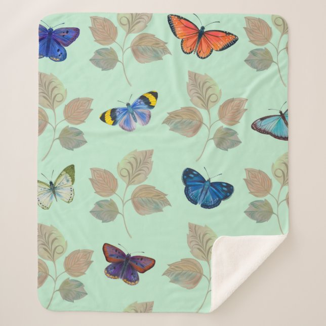 Seamless pattern with bright butterflies and branc sherpa blanket (Front)