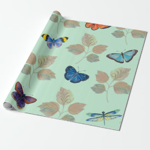 Seamless pattern with bright butterflies and branc wrapping paper