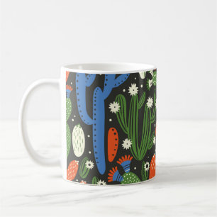 seamless pattern with cactus on black background.  coffee mug