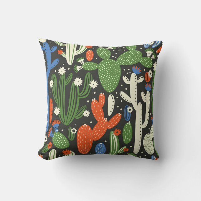 seamless pattern with cactus on black background.  cushion (Front)