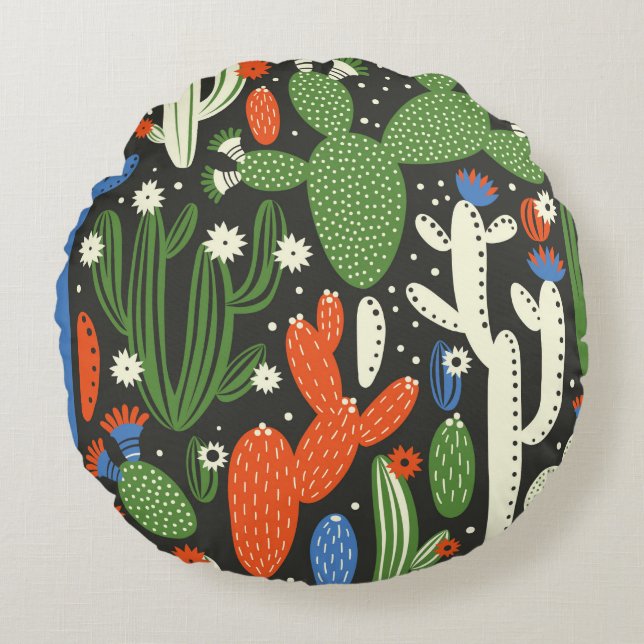 seamless pattern with cactus on black background.  round cushion (Front)