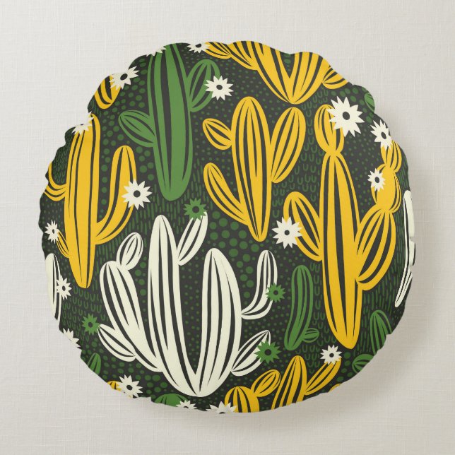 seamless pattern with cactus on black background.  round cushion (Front)