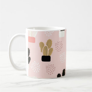 Seamless pattern with cactuses succulents leaves a coffee mug