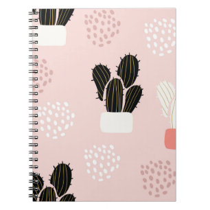 Seamless pattern with cactuses succulents leaves a notebook