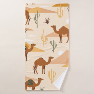Seamless pattern with camels, dunes and cacti. Cut Bath Towel
