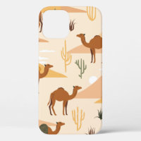 Seamless pattern with camels, dunes and cacti. Cut