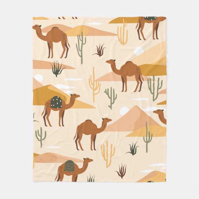 Seamless pattern with camels, dunes and cacti. Cut Fleece Blanket (Front)