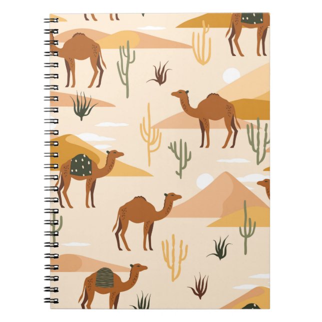 Seamless pattern with camels, dunes and cacti. Cut Notebook (Front)