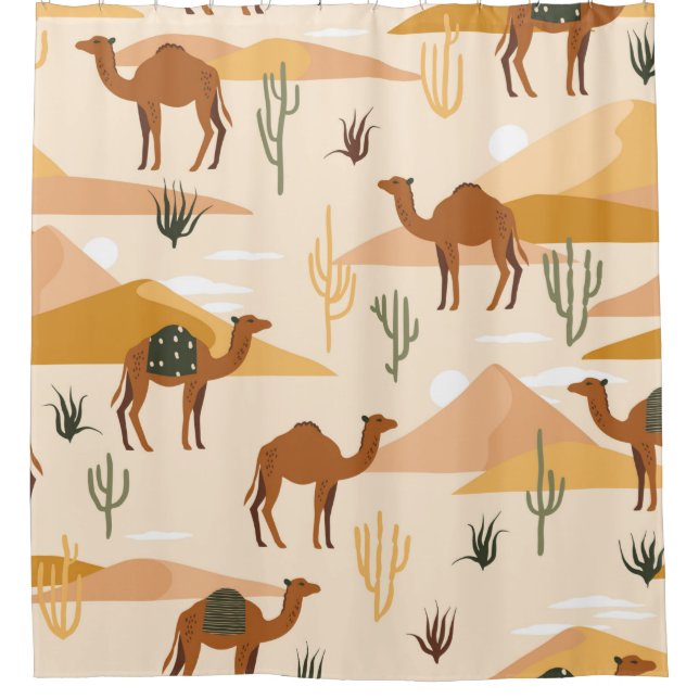 Seamless pattern with camels, dunes and cacti. Cut Shower Curtain (Front)