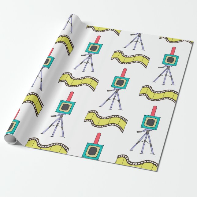 Seamless pattern with cameras and film strips on a wrapping paper (Unrolled)