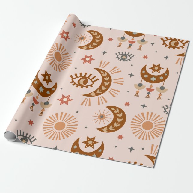 seamless pattern with celestial eye, moon, sun wrapping paper (Unrolled)
