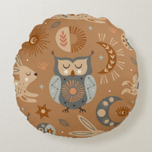 seamless pattern with celestial owl and hare round cushion
