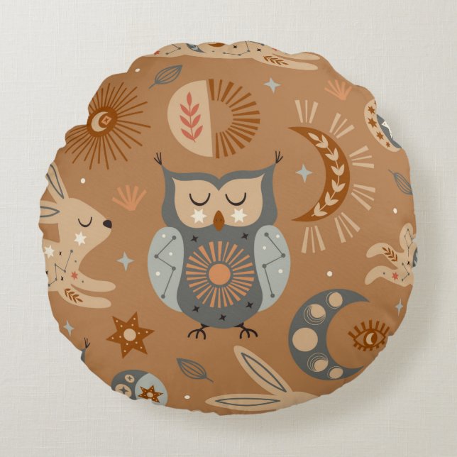 seamless pattern with celestial owl and hare round cushion (Front)