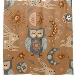 seamless pattern with celestial owl and hare shower curtain