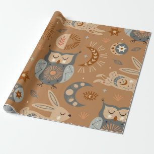 seamless pattern with celestial owl and hare wrapping paper