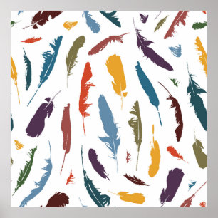 Seamless pattern with colored feathers on a light. poster