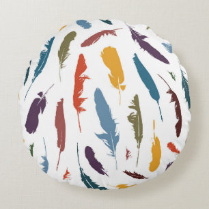 Seamless pattern with colored feathers on a light. round cushion