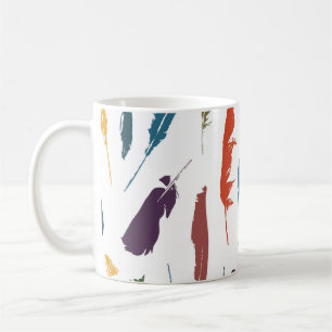 Seamless pattern with coloured feathers on a light coffee mug