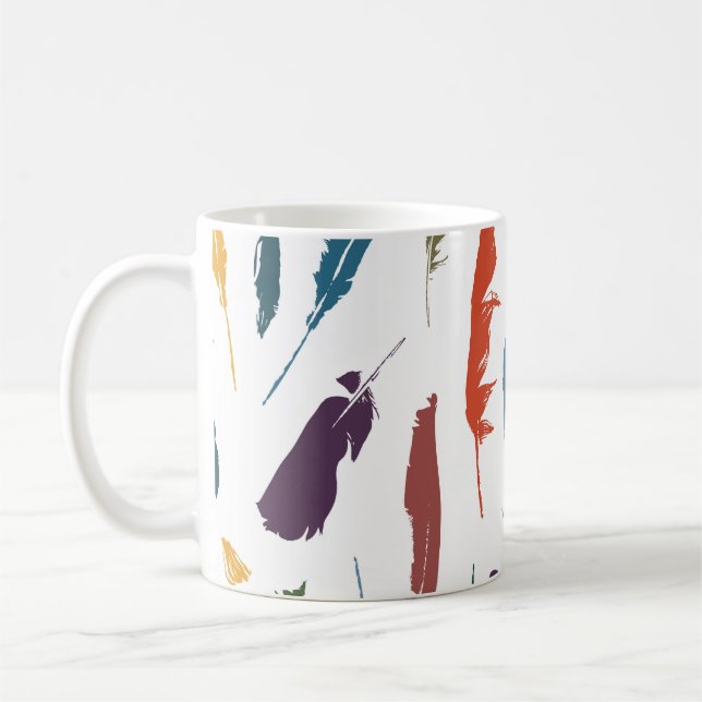 Seamless pattern with coloured feathers on a light coffee mug (Left)