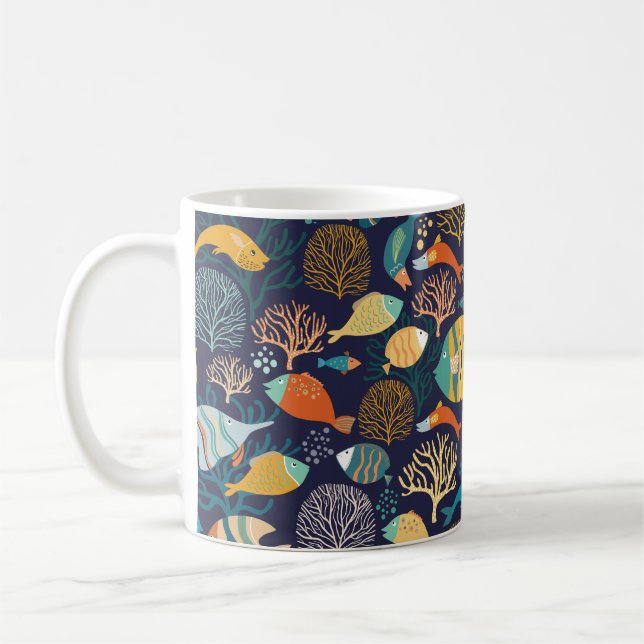 Seamless pattern with colourful fish and aquatic p coffee mug (Left)