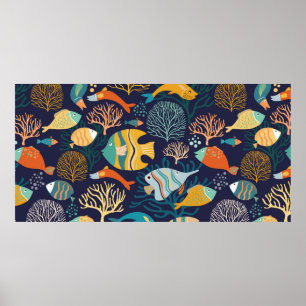Seamless pattern with colourful fish and aquatic p poster